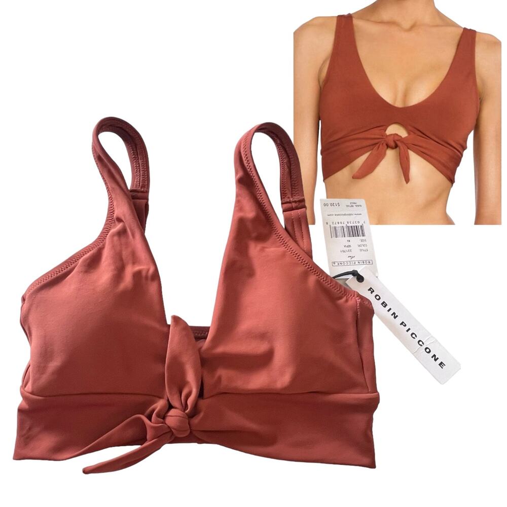NEW Robin Piccone Ava Longline Knot Front BIKINI TOP XS Swim Suit Sepia Rust NWT